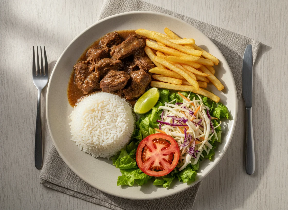 Prato feito brasileiro com carne, arroz, batata frita e salada photo