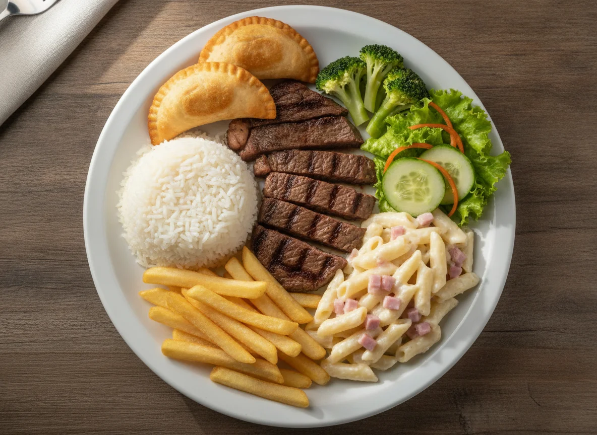 Prato Feito Brasileiro com Carne, Arroz, Batata Frita e Macarrão photo