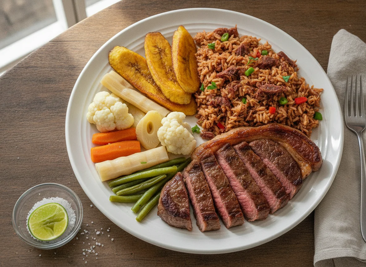 Prato Feito Brasileiro com Carne, Arroz Carreteiro e Legumes photo