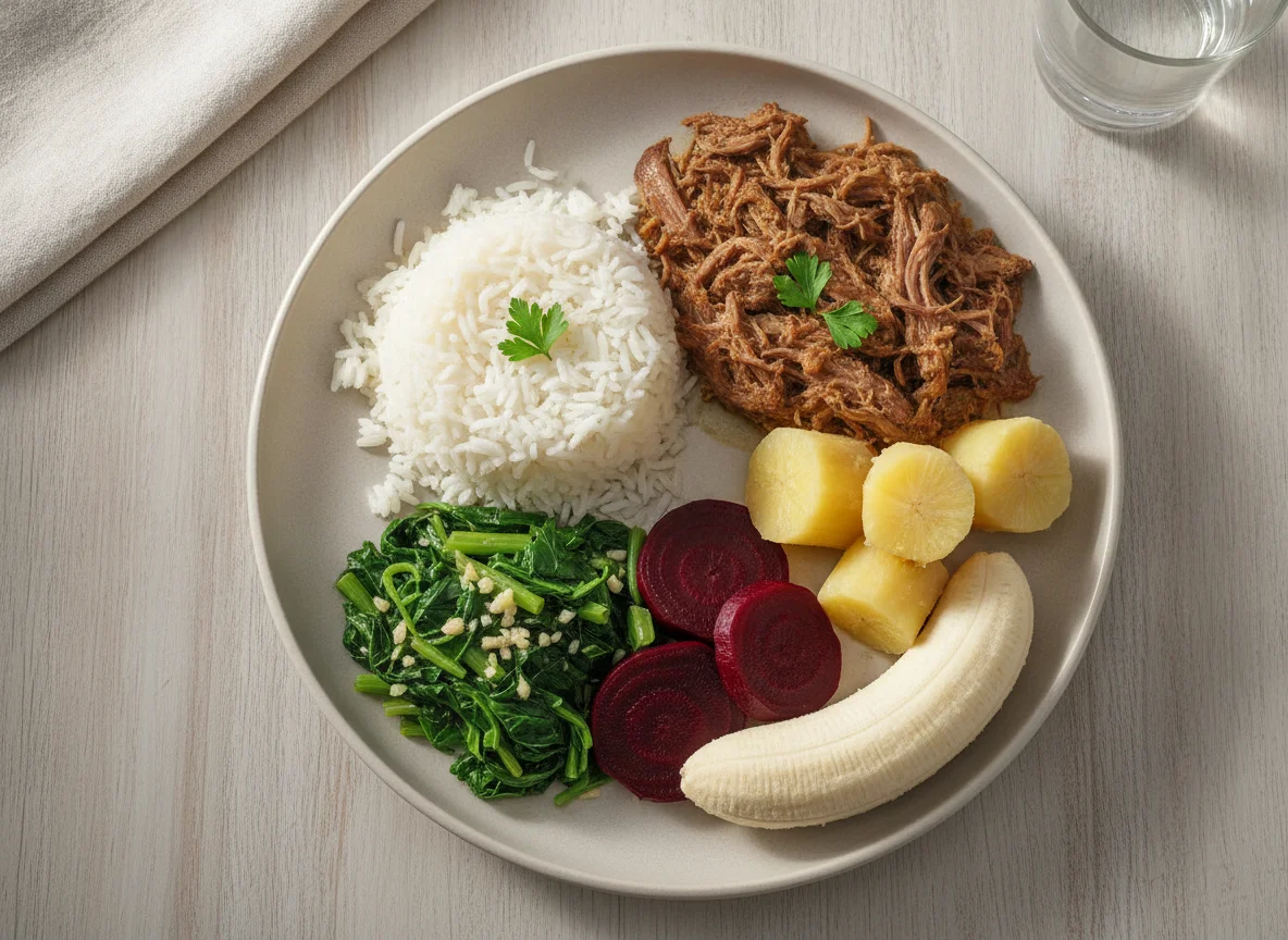 Prato Feito Brasileiro com Carne, Arroz, Couve, Beterraba e Banana photo