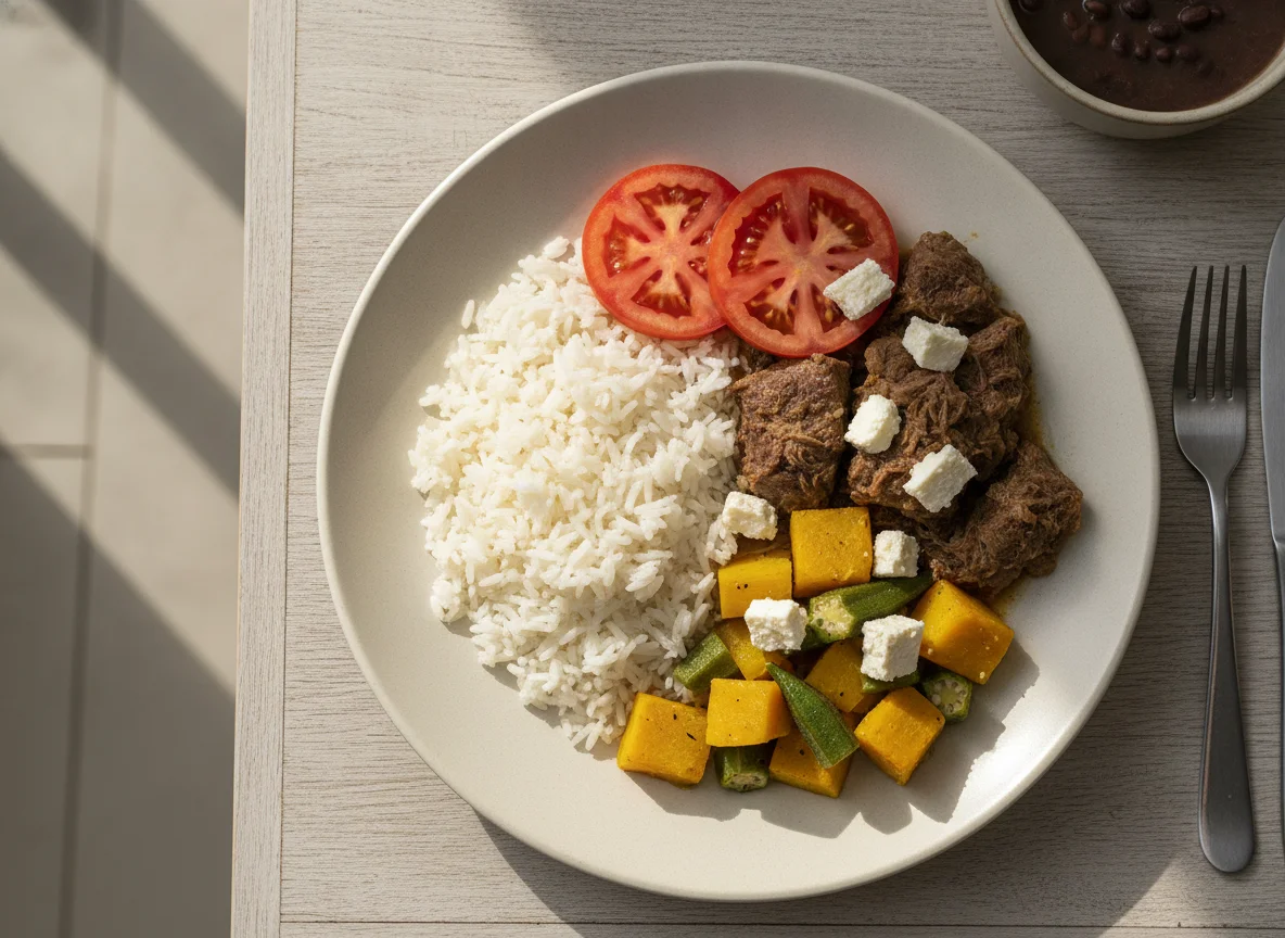 Prato feito brasileiro com carne, arroz e legumes photo