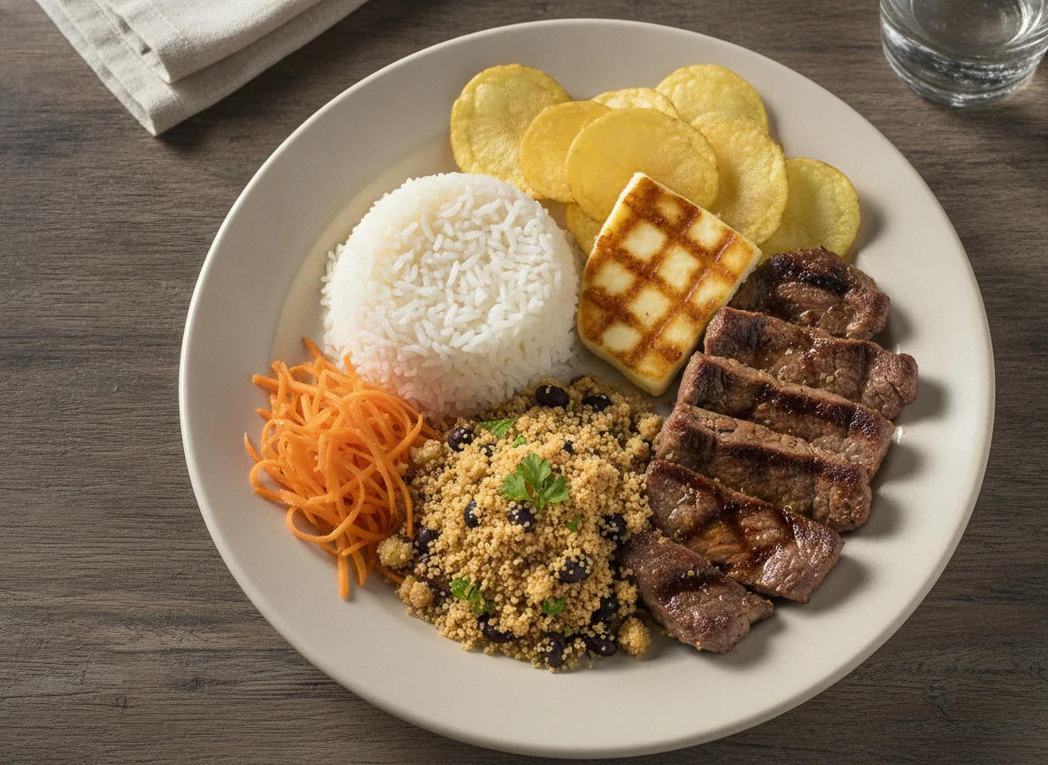 Prato Feito Brasileiro com Carne, Arroz, Farofa e Legumes photo