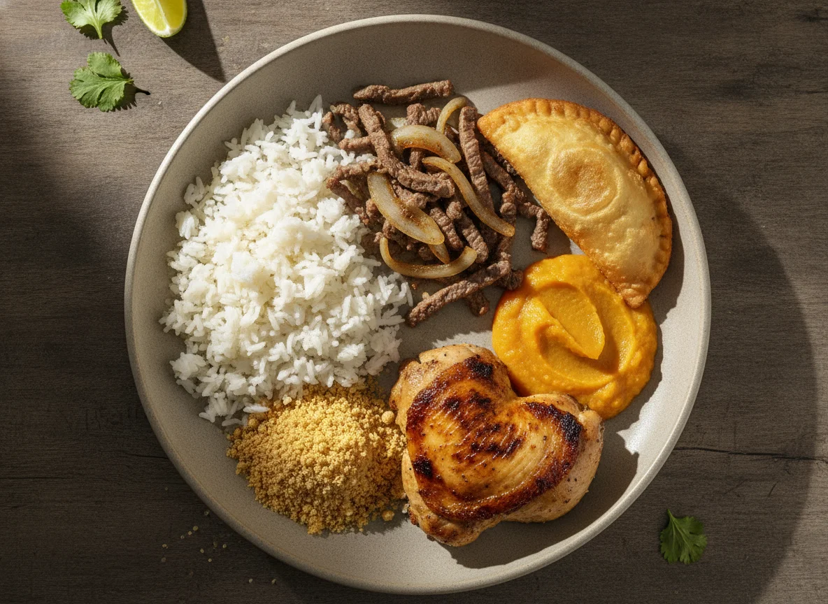 Prato Feito Brasileiro com Carne, Arroz, Farofa e Pastel photo