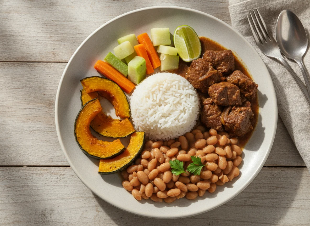 Prato feito brasileiro com carne, arroz, feijão, abóbora e legumes photo