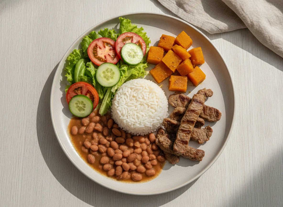 Prato feito brasileiro com carne, arroz, feijão, abóbora e salada photo