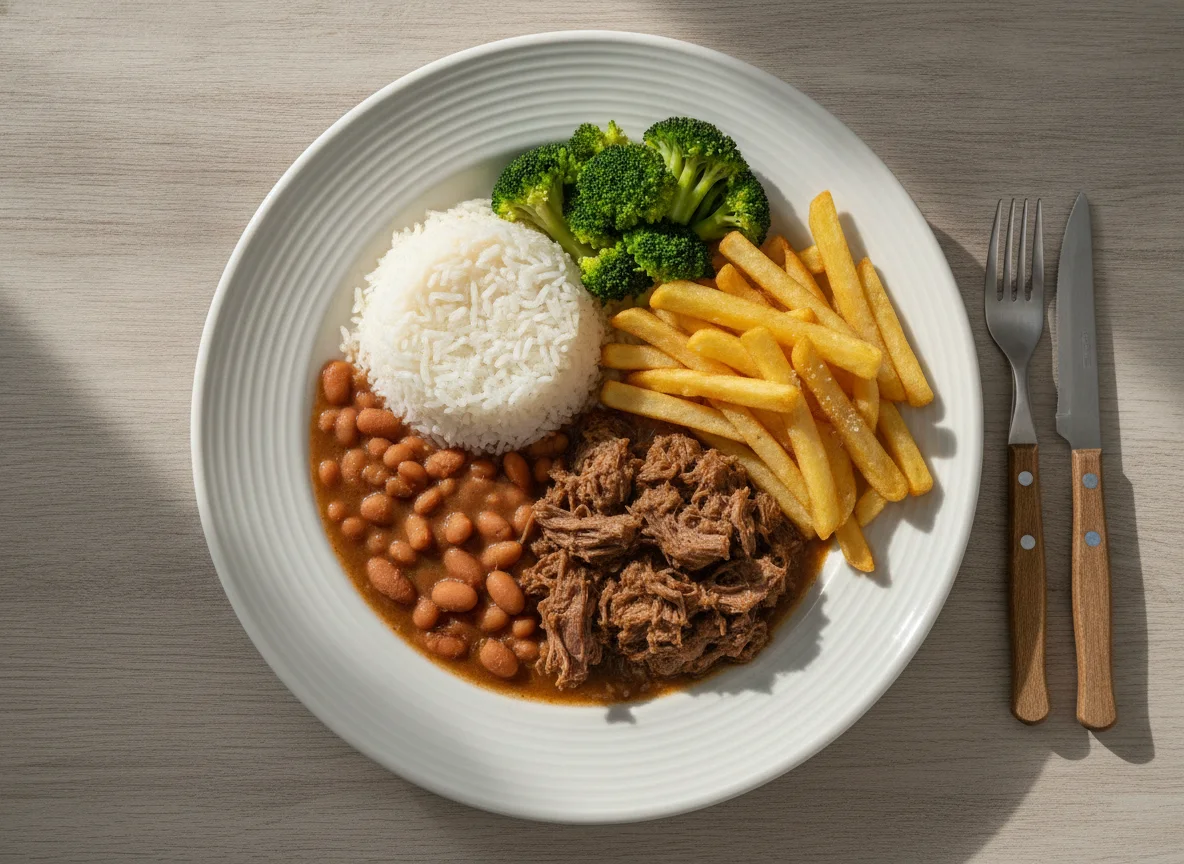 Prato feito brasileiro com carne, arroz, feijão, batata frita e brócolis photo