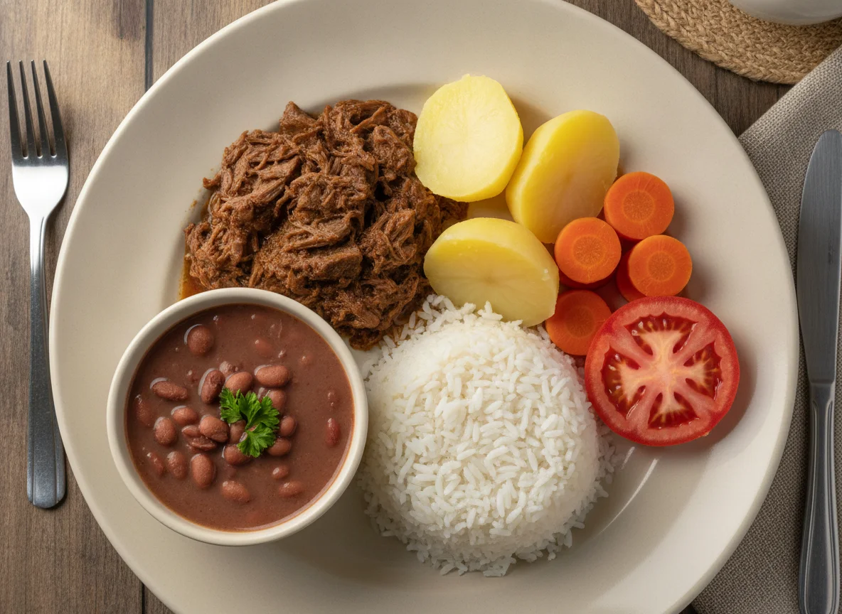 Prato feito brasileiro com carne, arroz, feijão, batata, cenoura e tomate photo