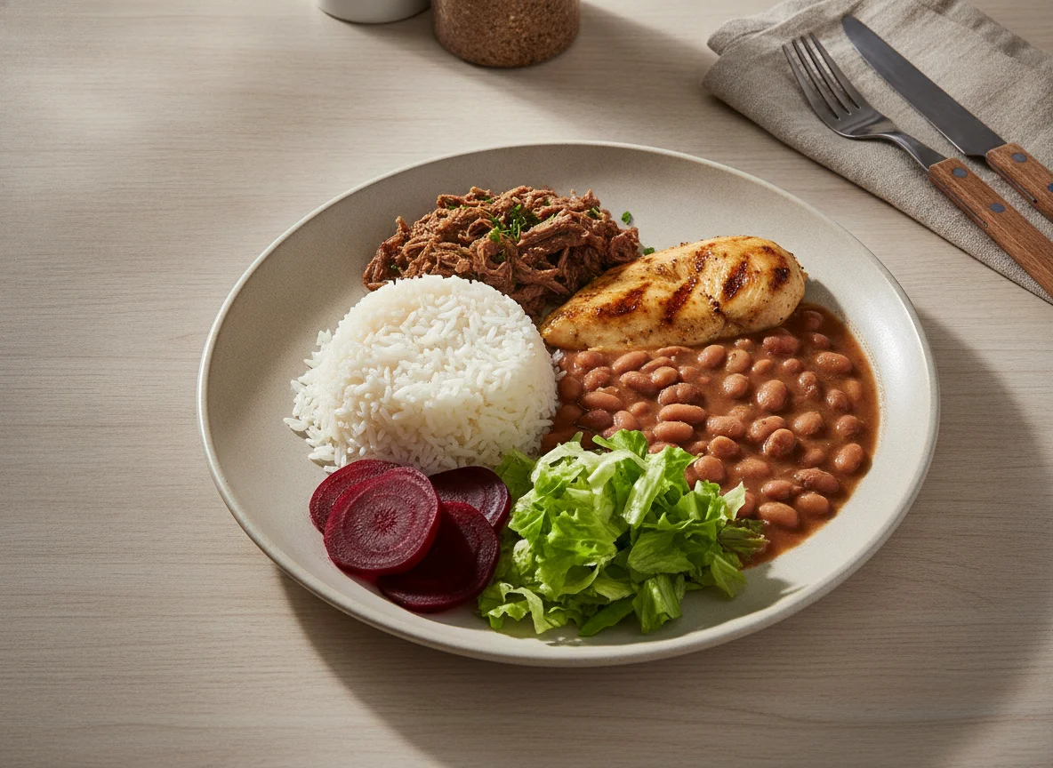 Prato Feito Brasileiro com Carne, Arroz, Feijão, Beterraba e Salada photo