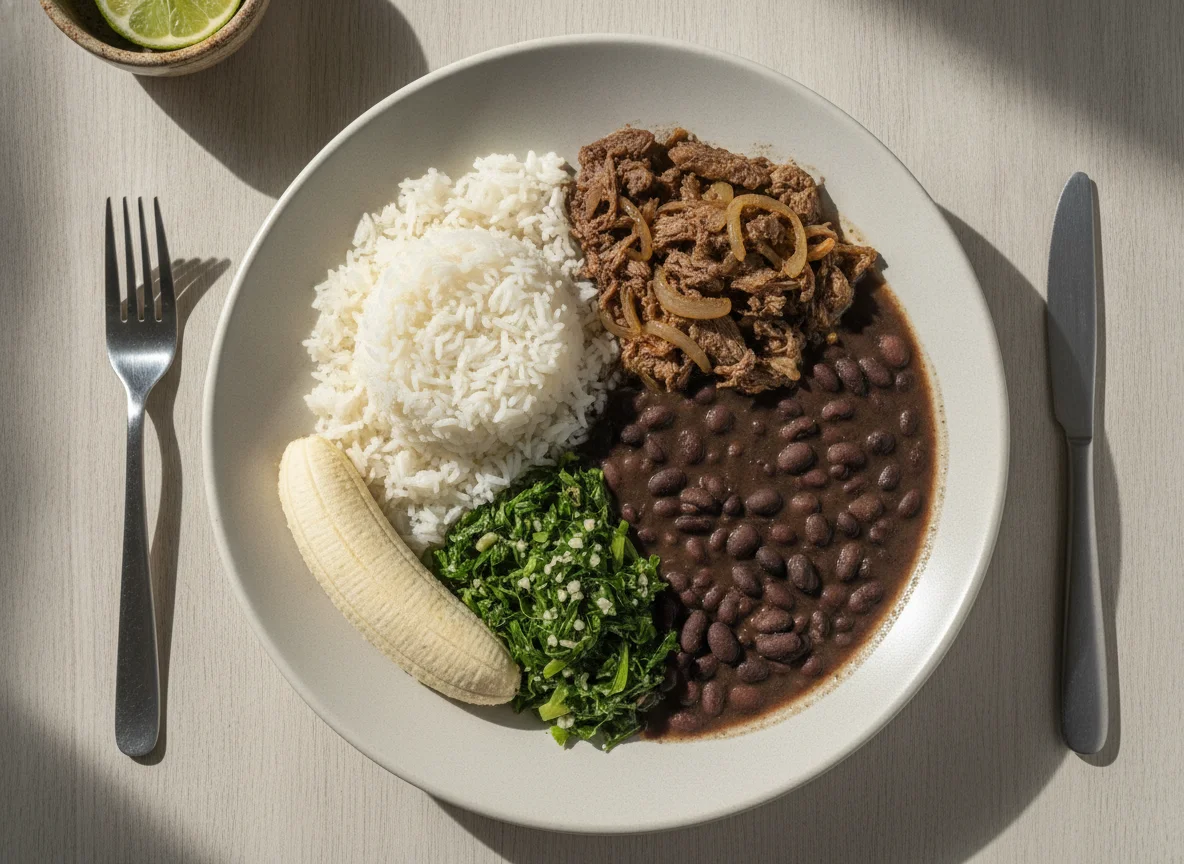 Prato Feito Brasileiro com Carne, Arroz, Feijão, Couve e Banana photo