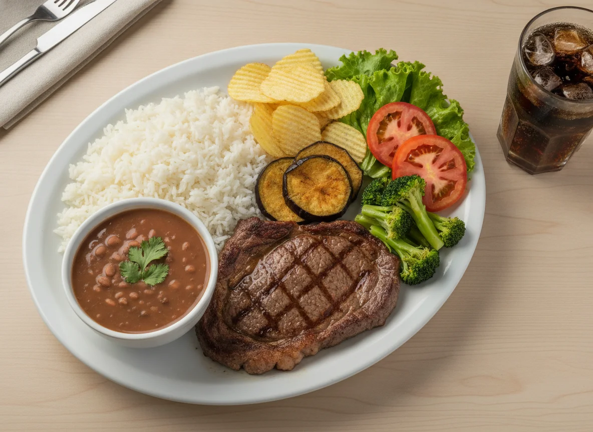 Prato feito brasileiro com carne, arroz, feijão e acompanhamentos photo