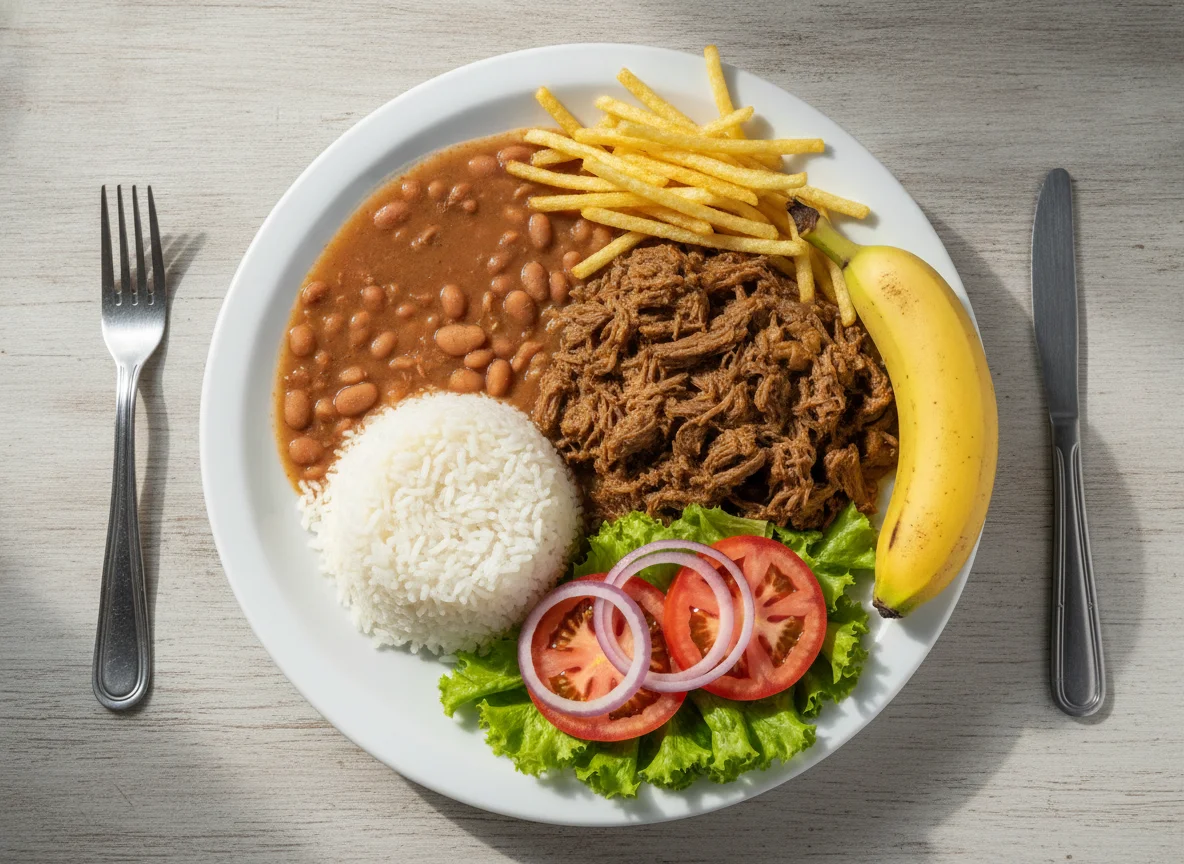 Prato Feito Brasileiro com Carne, Arroz, Feijão e Banana photo