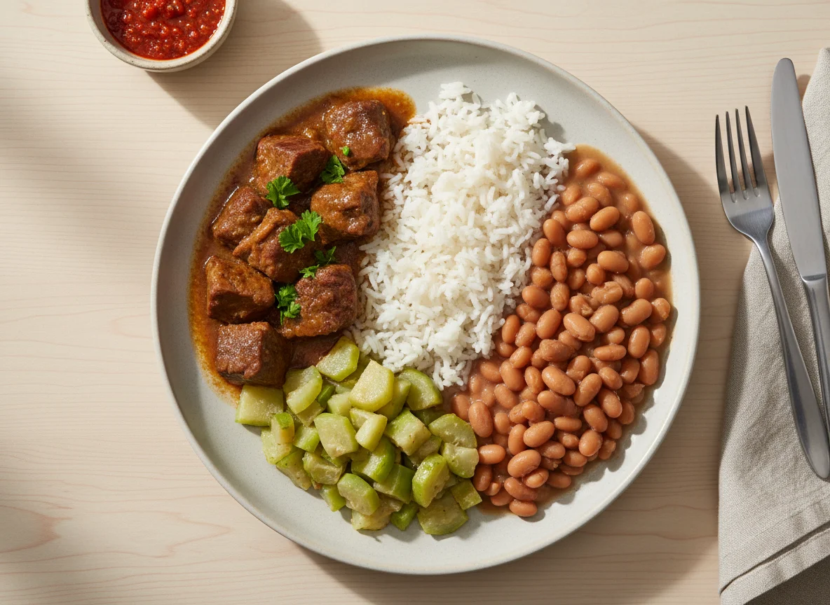 Prato feito brasileiro com carne, arroz, feijão e chuchu photo