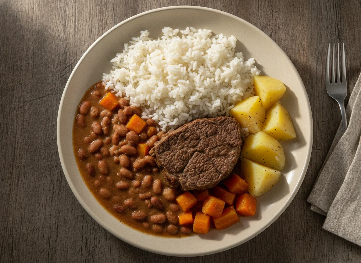 Prato feito brasileiro com carne, arroz, feijão e legumes photo