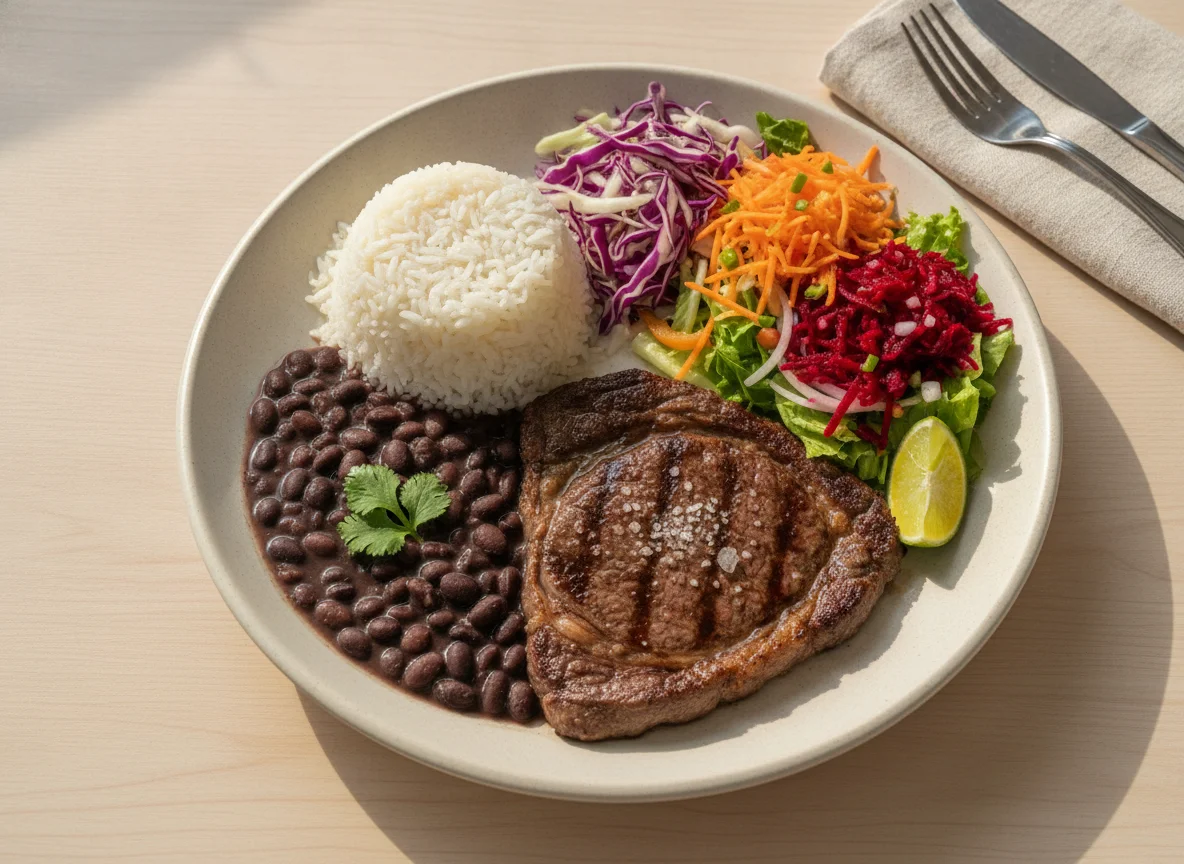Prato feito brasileiro com carne, arroz, feijão e saladas photo