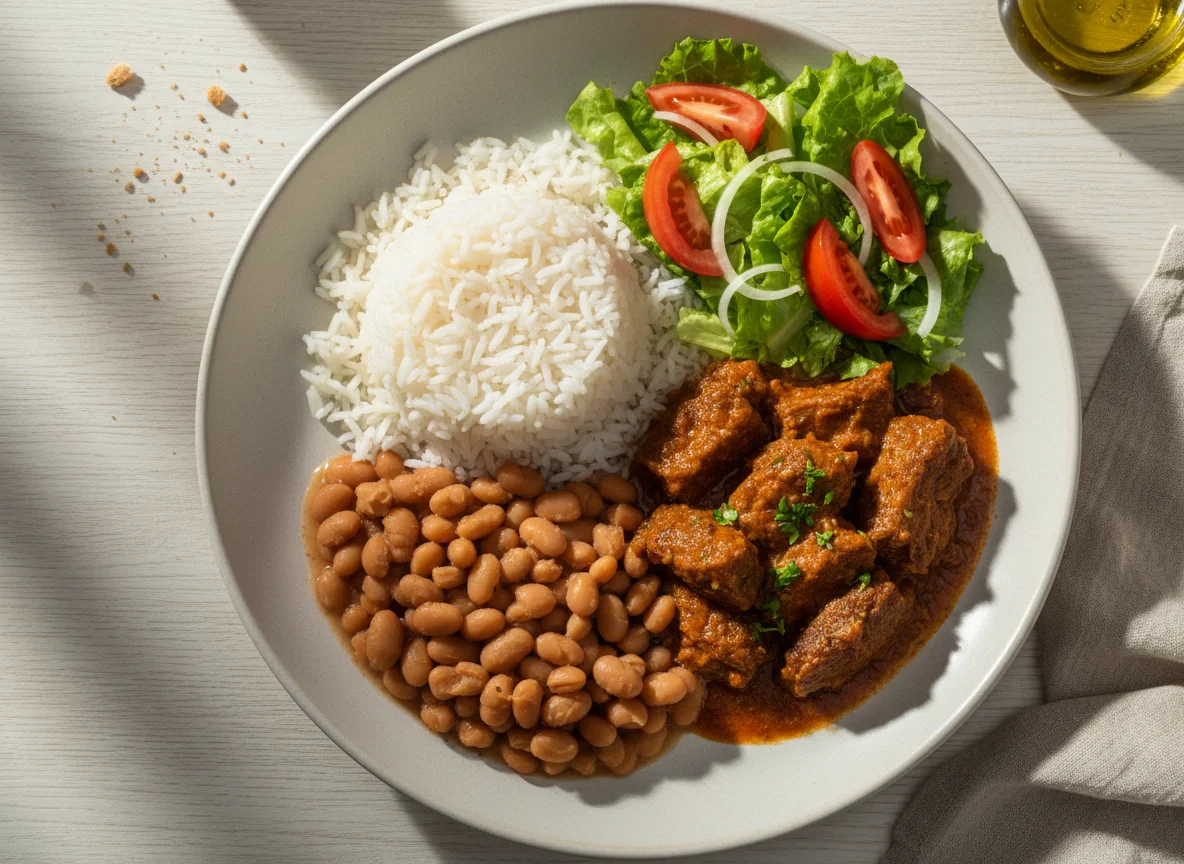 Prato feito brasileiro com carne, arroz, feijão e salada photo