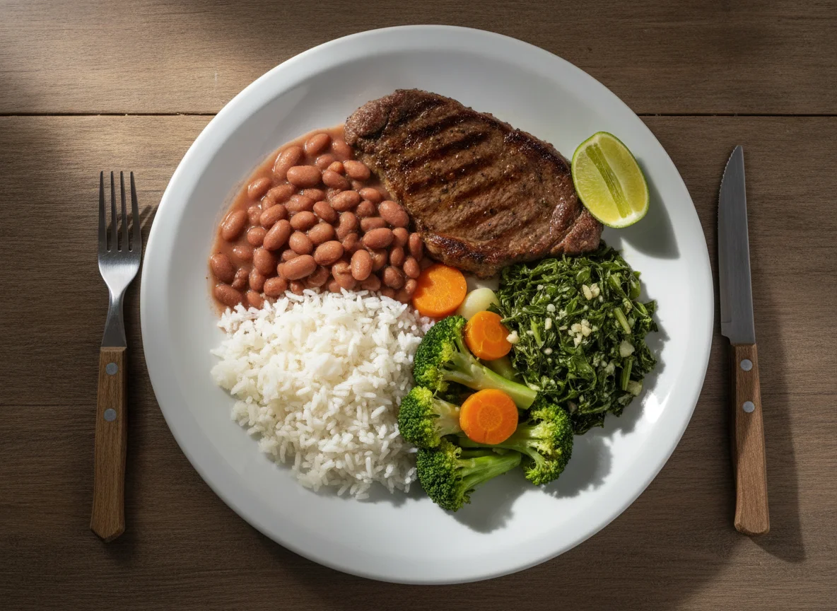 Prato Feito Brasileiro com Carne, Arroz, Feijão e Vegetais photo