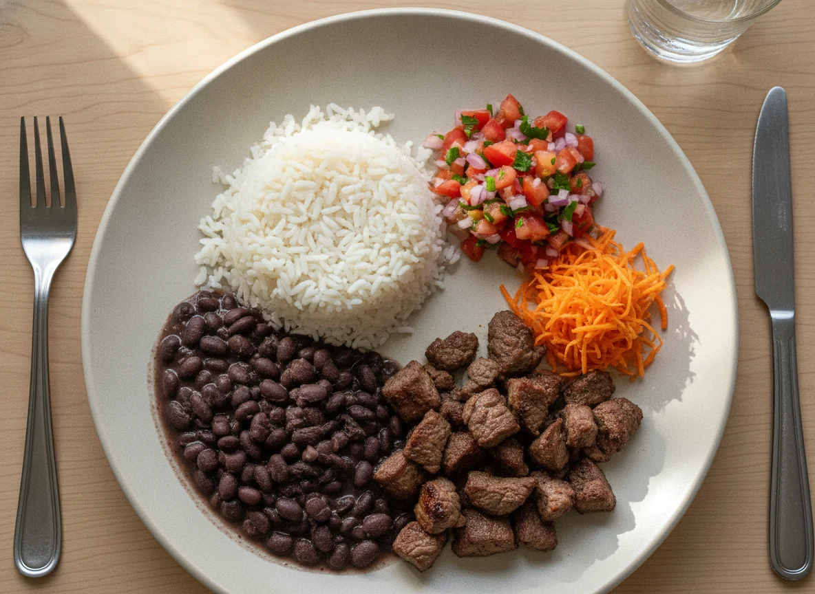 Prato Feito Brasileiro com Carne, Arroz, Feijão e Vinagrete photo