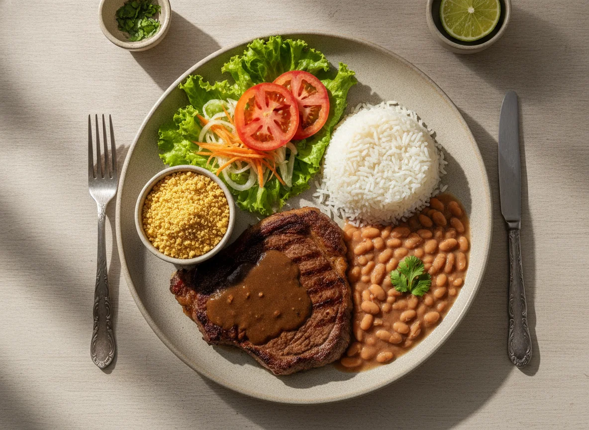 Prato Feito Brasileiro com Carne, Arroz, Feijão, Farofa e Salada photo