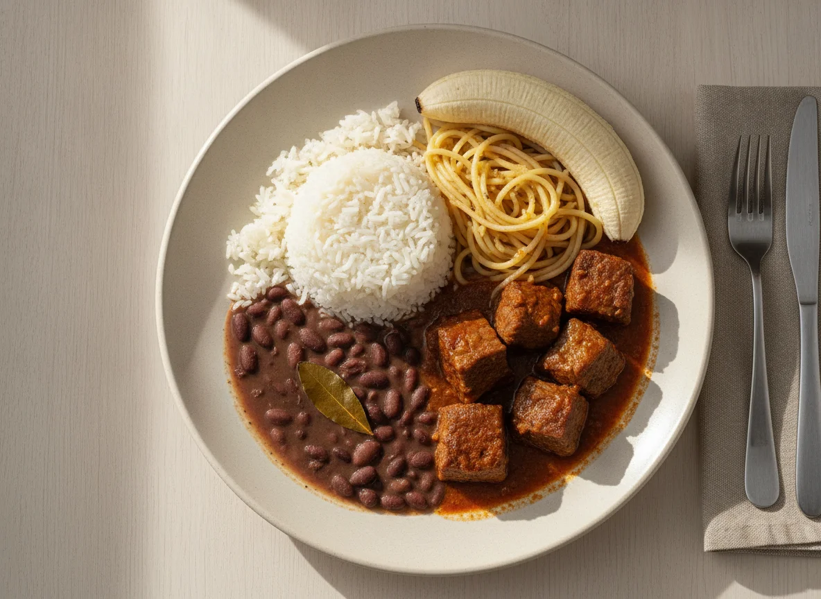 Prato feito brasileiro com carne, arroz, feijão, macarrão e banana photo