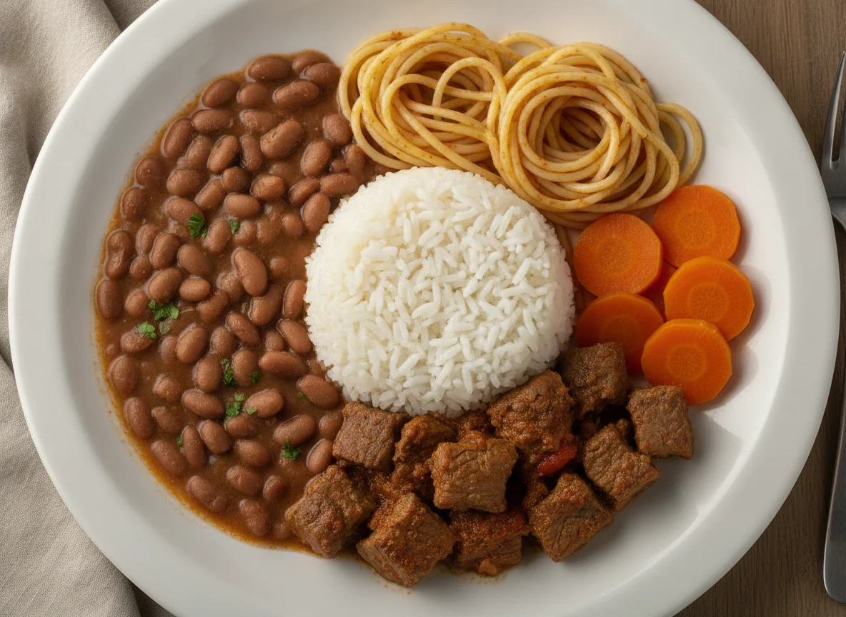 Prato feito brasileiro com carne, arroz, feijão, macarrão e cenoura photo