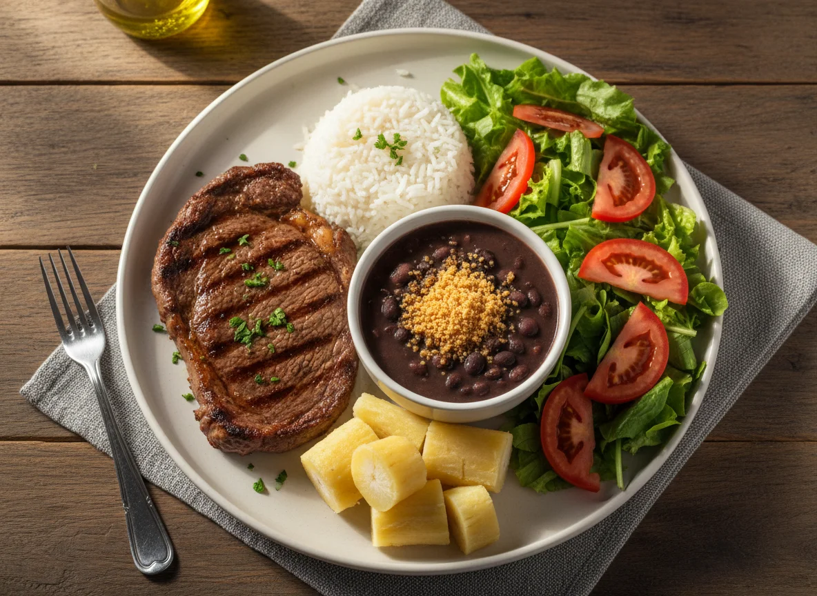 Prato feito brasileiro com carne, arroz, feijão, mandioca e salada photo