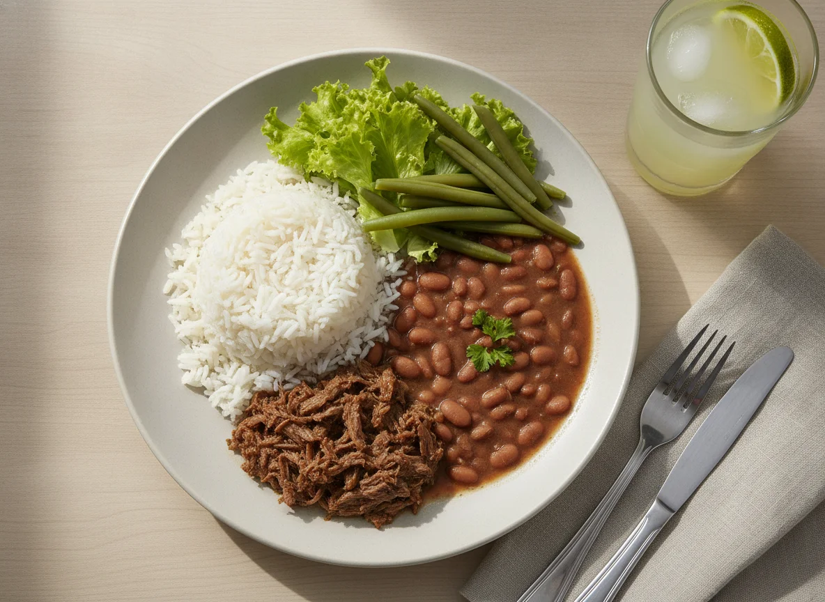 Prato feito brasileiro com carne, arroz, feijão, salada e suco photo