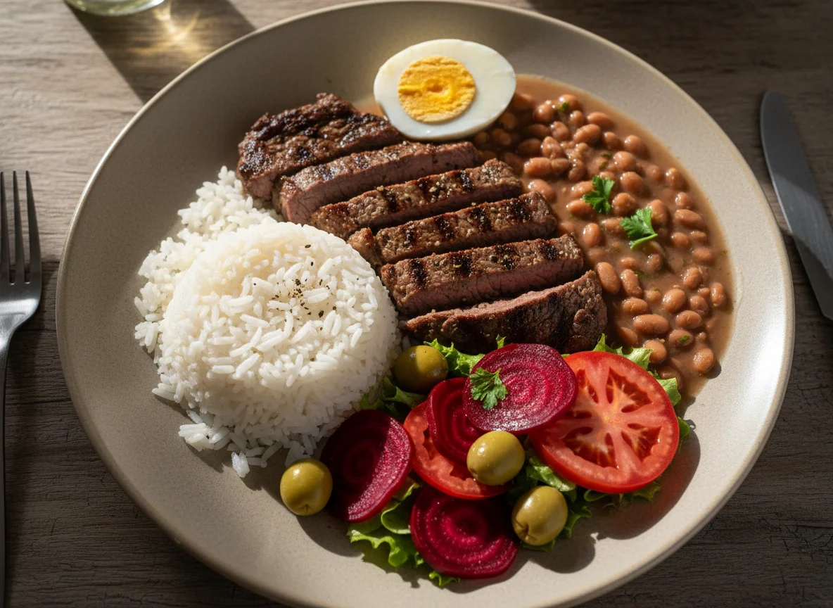 Prato feito brasileiro com carne, arroz, feijão, salada e ovos photo