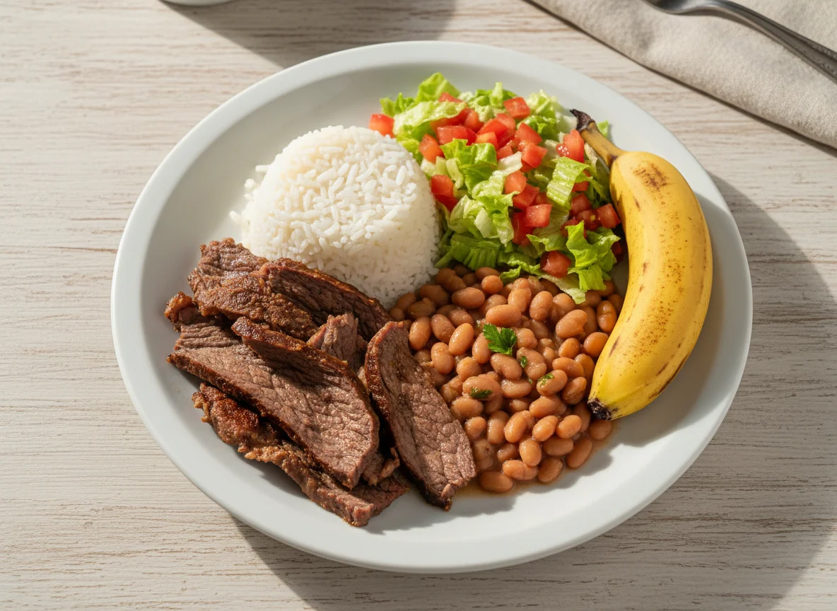 Prato feito brasileiro com carne, arroz, feijão, salada e banana photo
