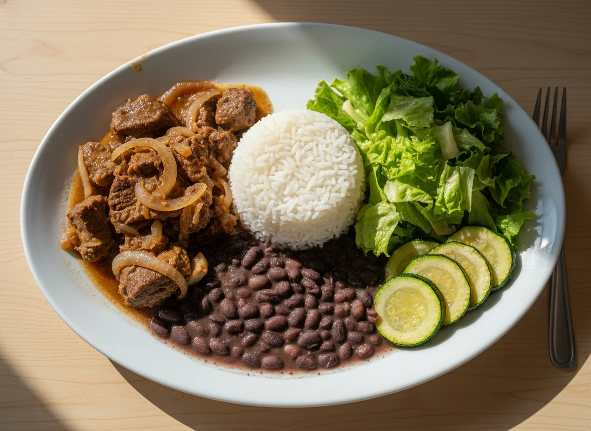 Prato feito brasileiro com carne, arroz, feijão, salada e abobrinha photo