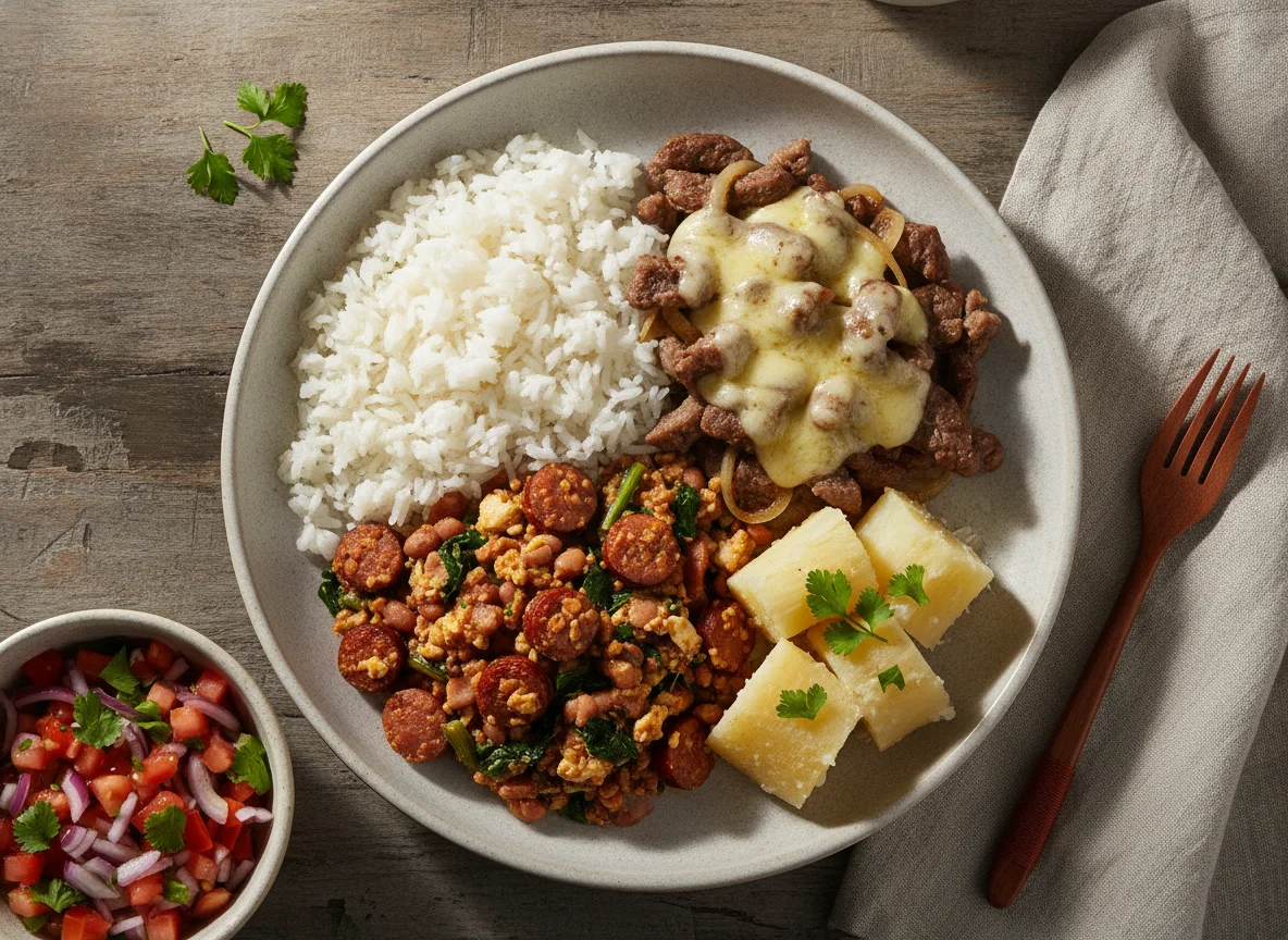 Prato Feito Brasileiro com Carne, Arroz, Feijão Tropeiro, Mandioca e Vinagrete photo