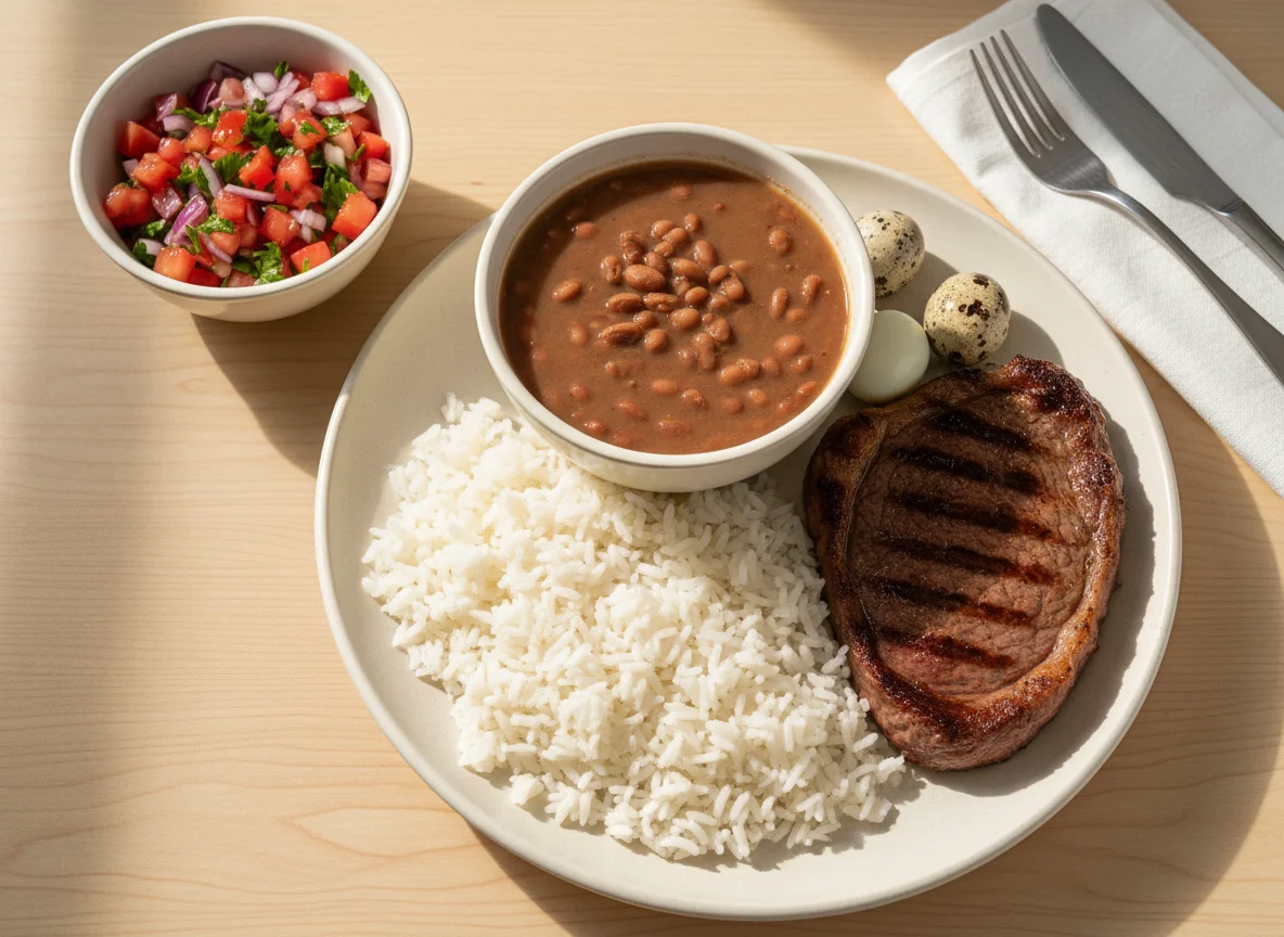 Prato feito brasileiro com carne, arroz, feijão, vinagrete e ovos de codorna photo