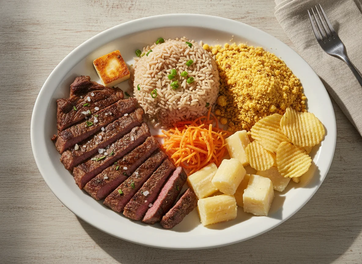 Prato Feito Brasileiro com Carne, Arroz Integral, Farofa e Legumes photo