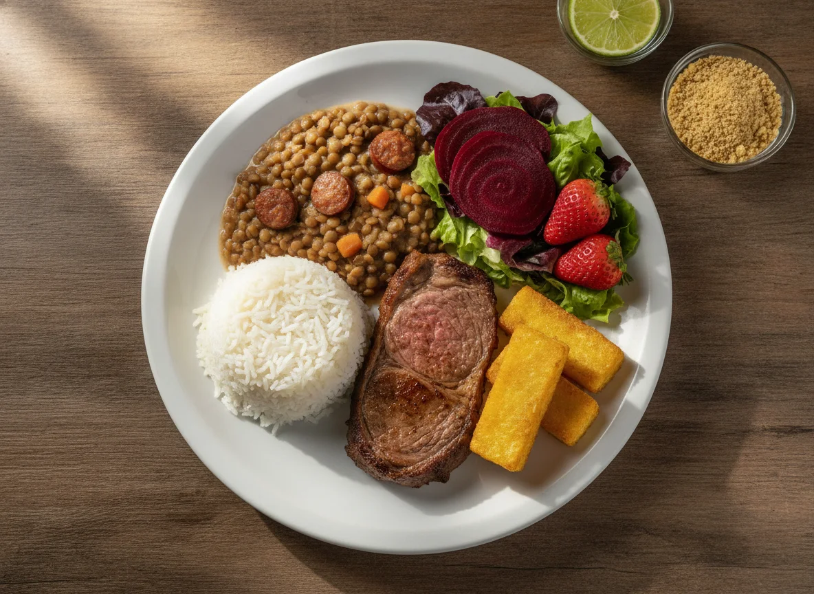 Prato feito brasileiro com carne, arroz, lentilha, polenta frita e salada photo