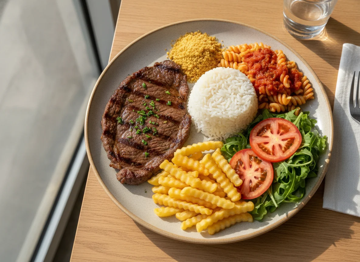 Prato Feito Brasileiro com Carne, Arroz, Macarrão, Batata Frita e Salada photo