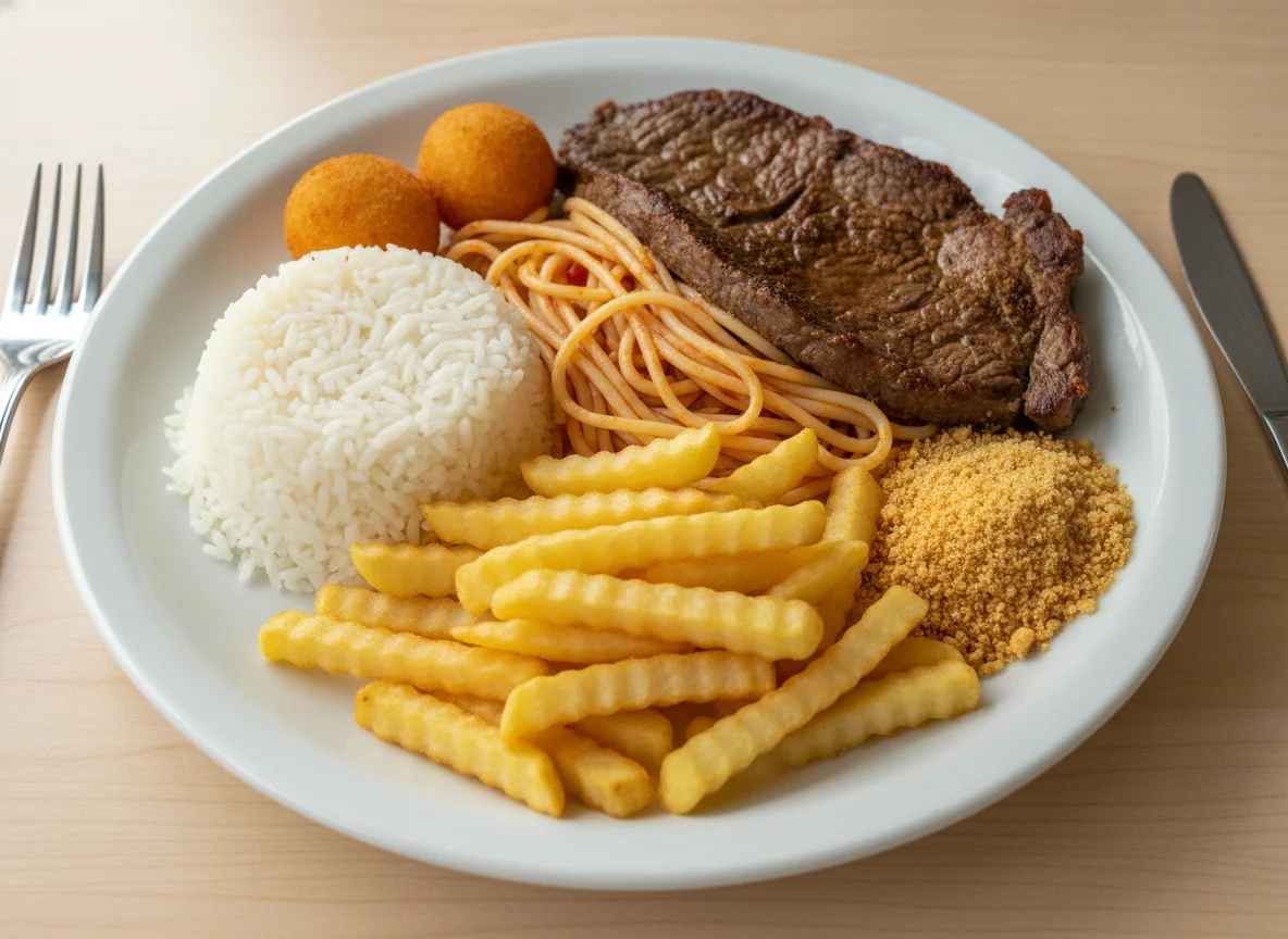 Prato Feito Brasileiro com Carne, Arroz, Macarrão e Fritas photo