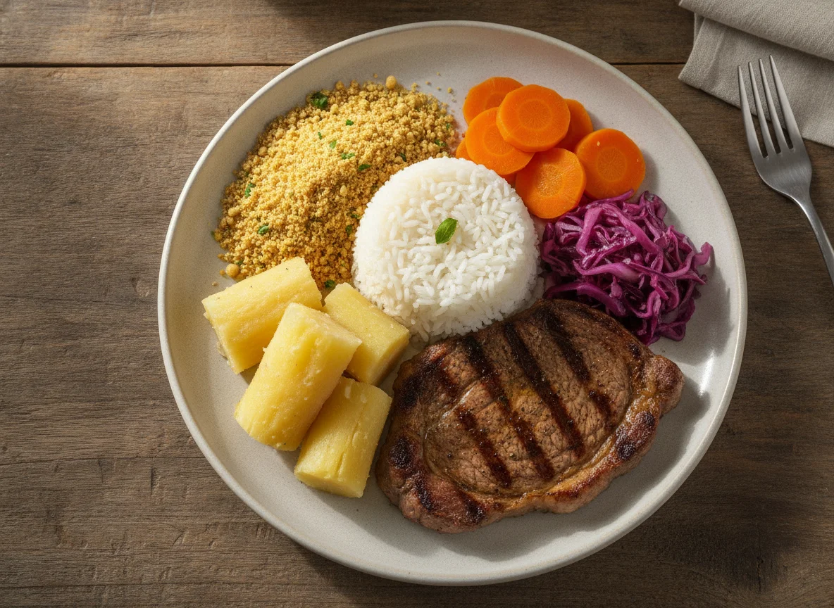 Prato Feito Brasileiro com Carne, Arroz, Mandioca e Farofa photo