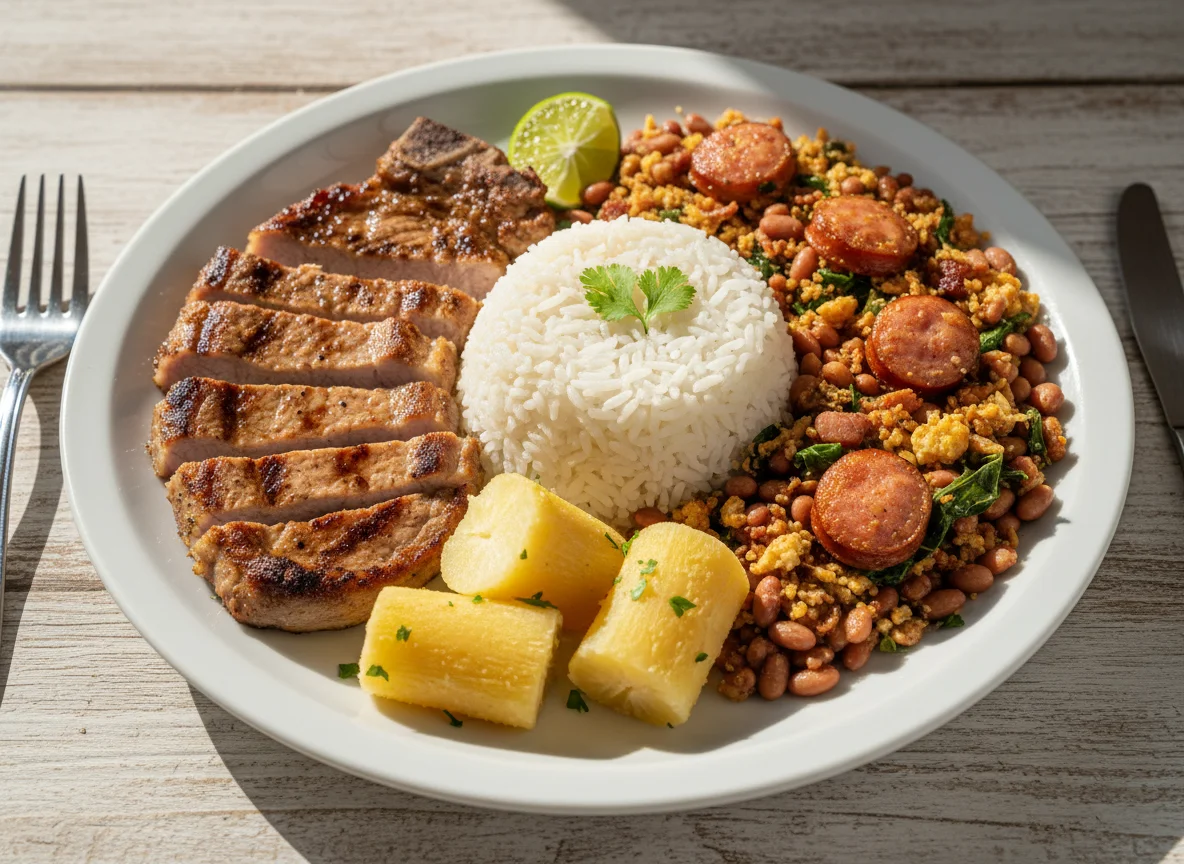 Prato Feito Brasileiro com Carne, Arroz, Mandioca e Feijão Tropeiro photo