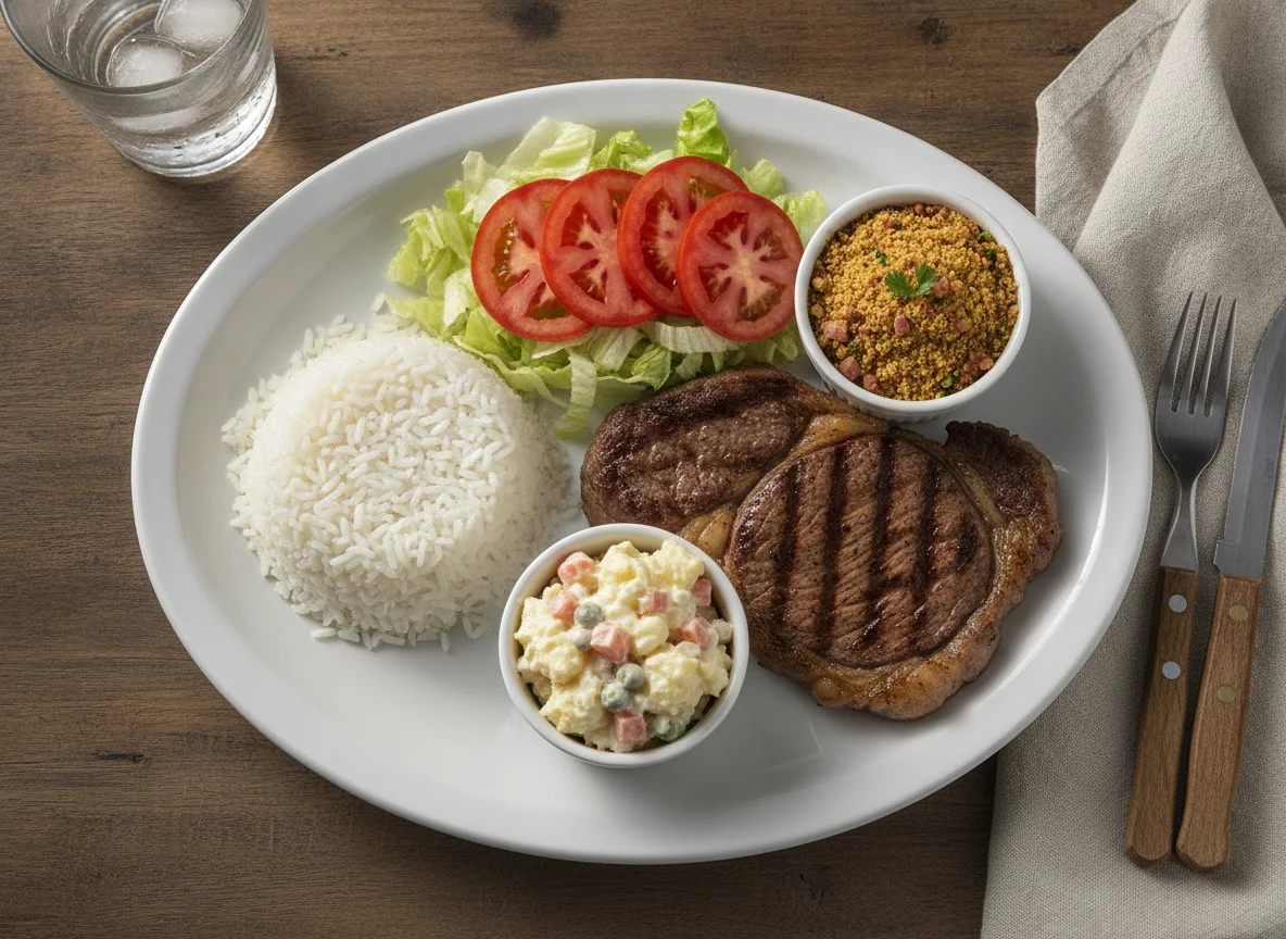 Prato Feito Brasileiro com Carne, Arroz, Salada de Maionese e Farofa photo
