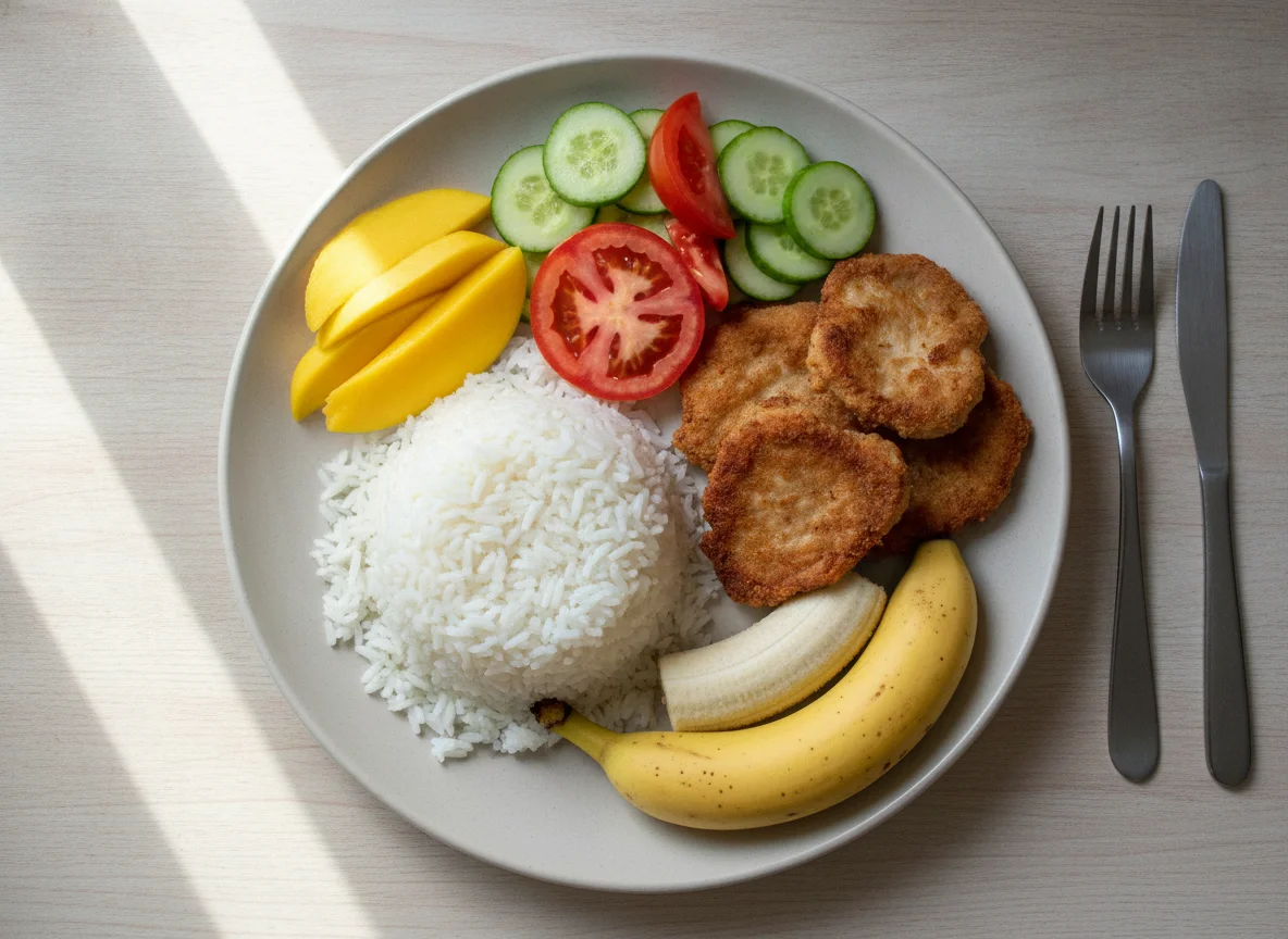 Prato feito brasileiro com carne, arroz, salada e frutas photo