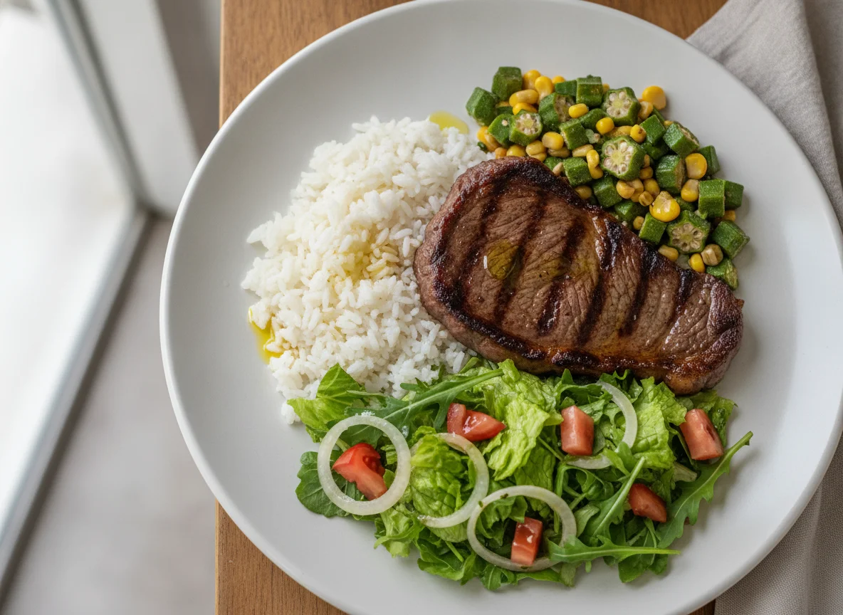 Prato Feito Brasileiro com Carne, Arroz, Salada e Quiabo com Milho photo