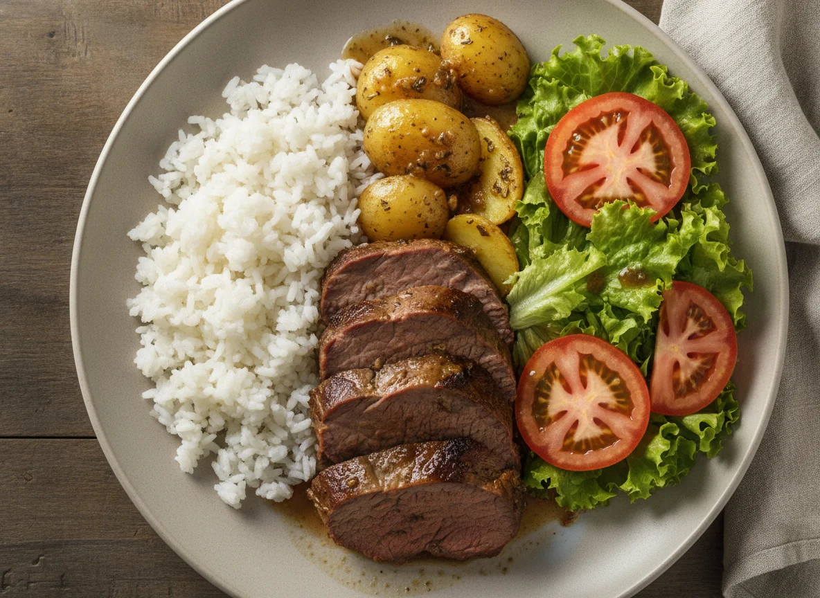 Prato feito brasileiro com carne assada, arroz, batatas e salada photo