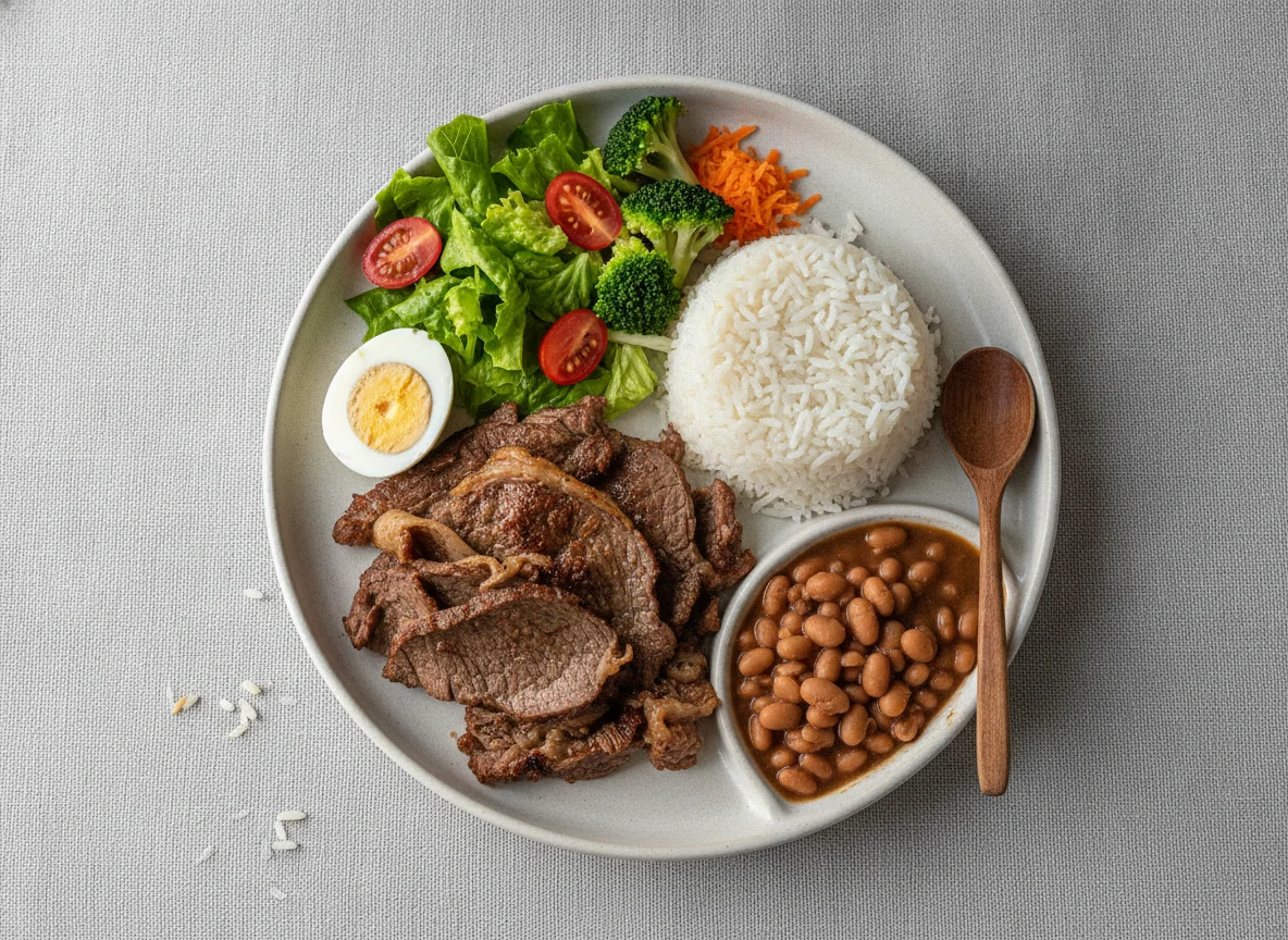 Prato feito brasileiro com carne assada, arroz e feijão photo