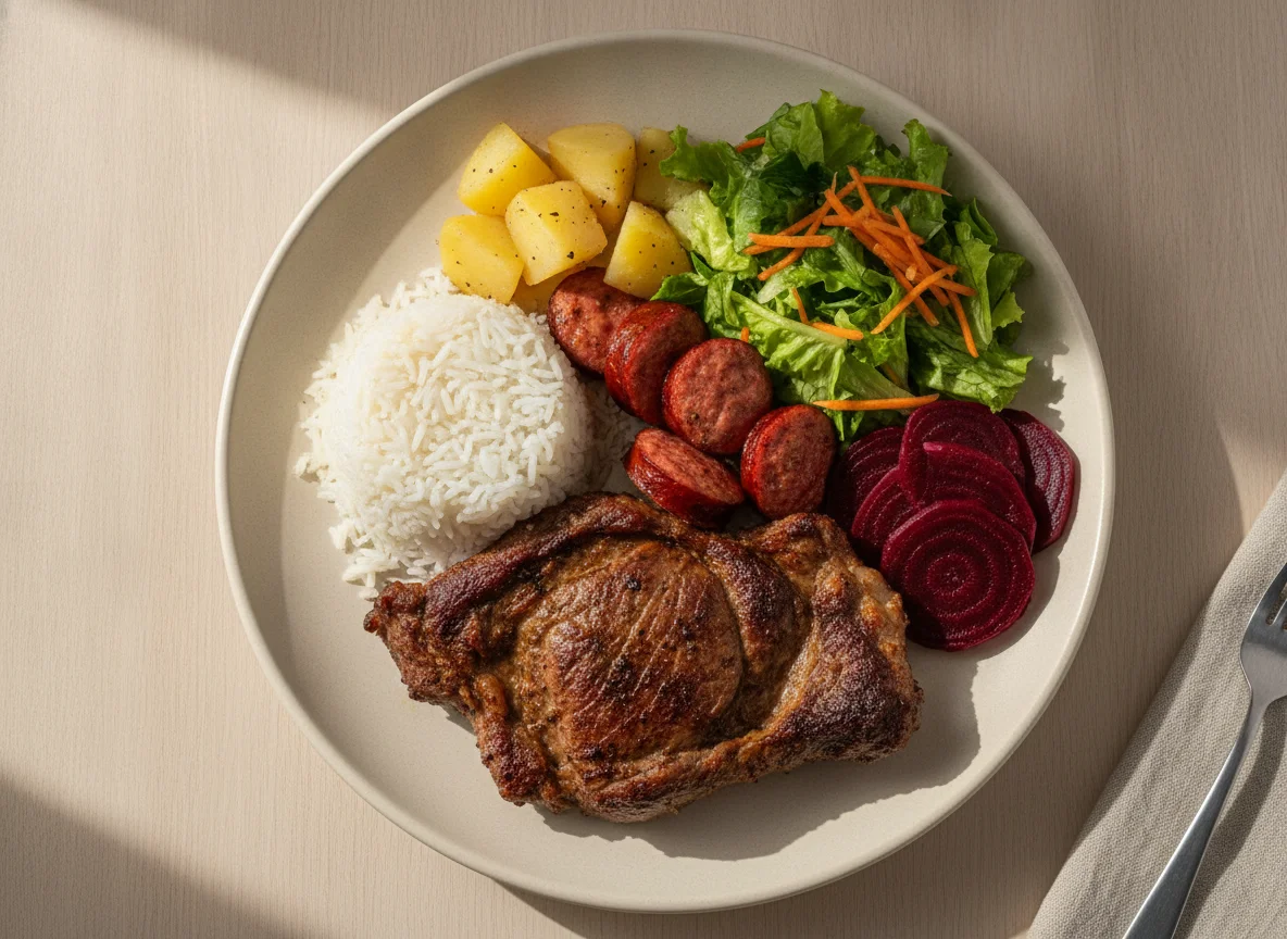 Prato feito brasileiro com carne assada, arroz e salada photo