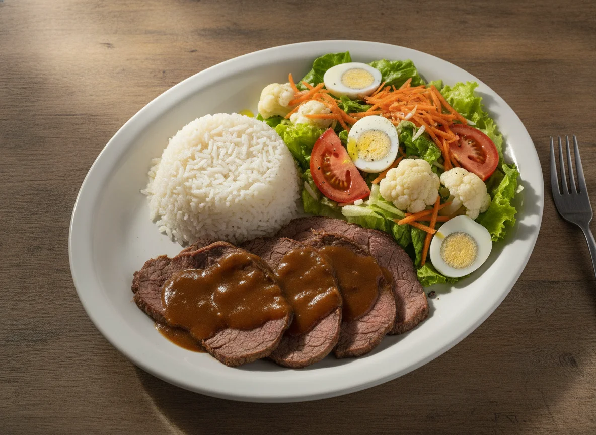 Prato feito brasileiro com carne assada, arroz e salada mista photo