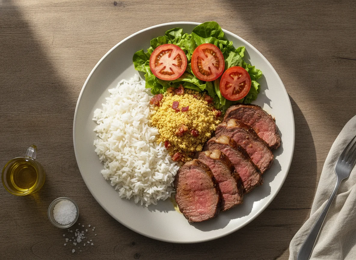 Prato Feito Brasileiro com Carne Assada, Arroz, Farofa e Salada photo