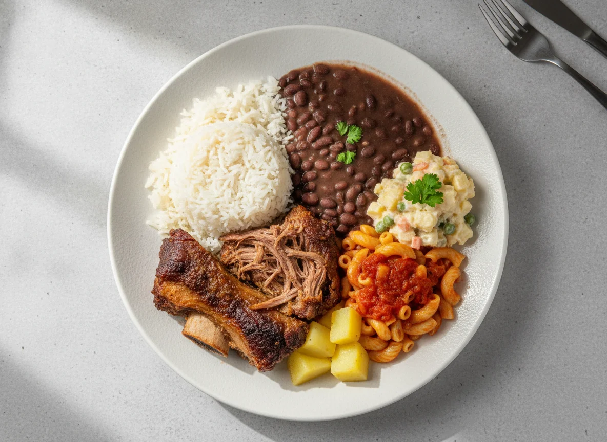 Prato Feito Brasileiro com Carne Assada, Arroz, Feijão e Maionese photo