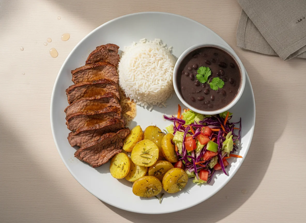 Prato Feito Brasileiro com Carne Assada, Arroz, Feijão, Batata e Salada photo