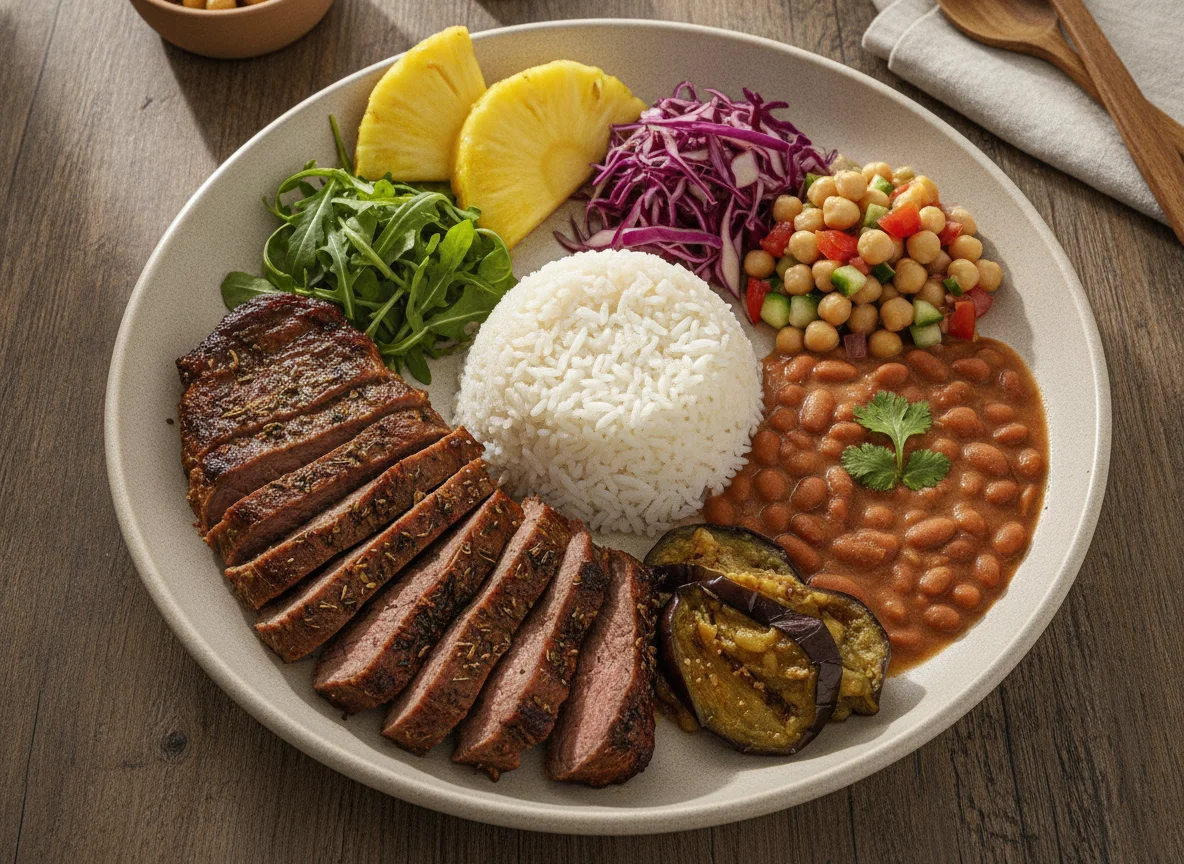 Prato feito brasileiro com carne assada, arroz, feijão e saladas photo