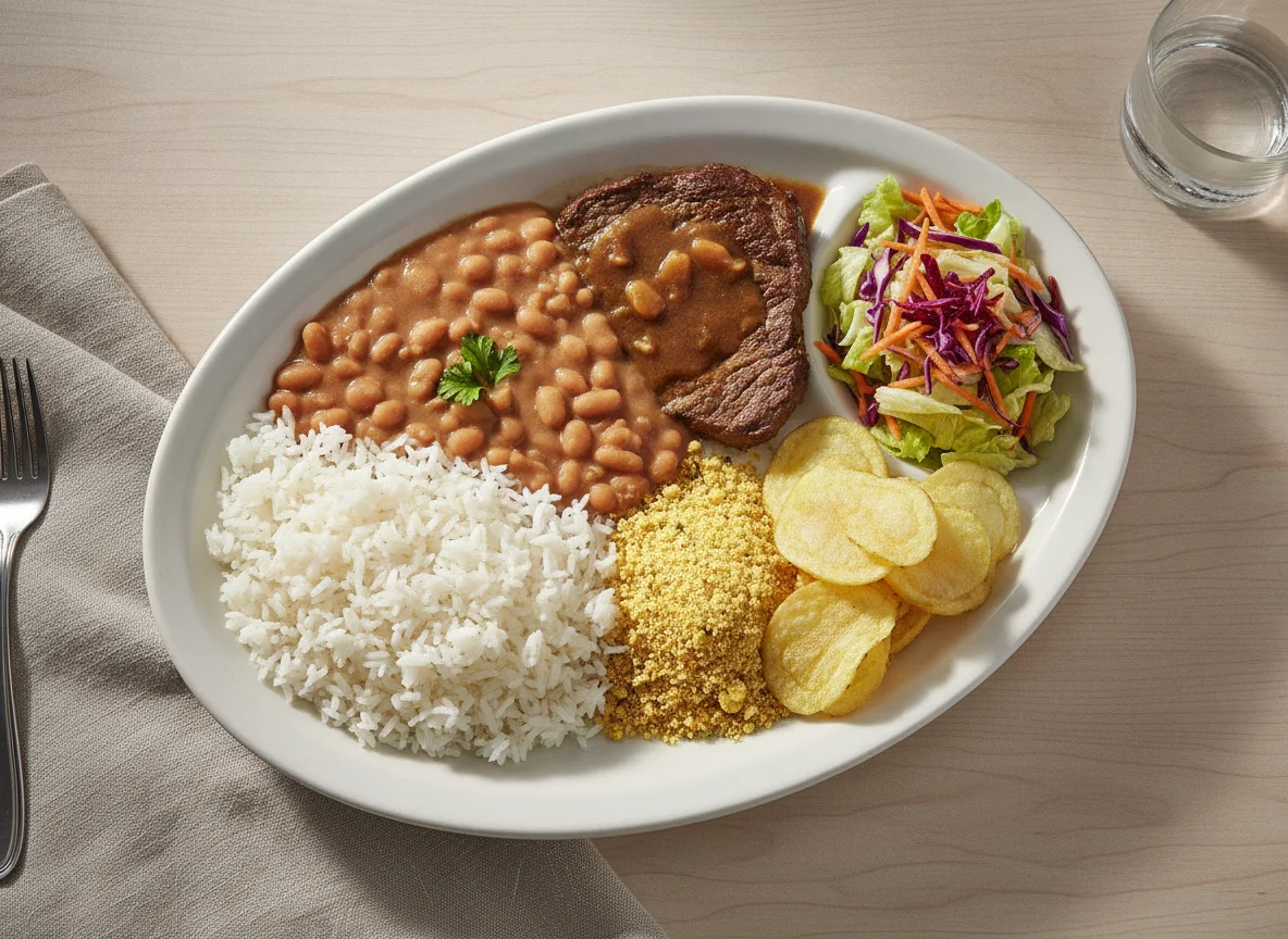 Prato Feito Brasileiro com Carne Assada, Arroz, Feijão, Farofa e Batata Chips photo