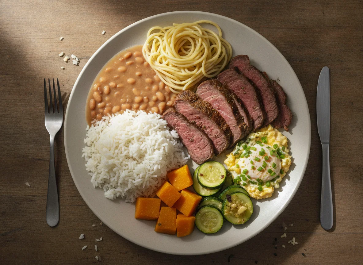 Prato Feito Brasileiro com Carne Assada, Arroz, Feijão, Macarrão e Legumes photo